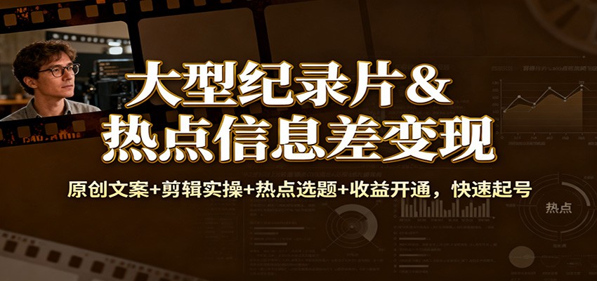 大型纪录片&热点信息差变现：原创文案+剪辑实操+热点选题+收益开通，快速起号-网创之家