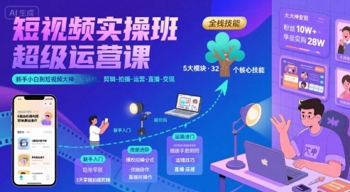 短视频实操班超级运营课，新手小白到短视频大神必修课程，剪辑-拍摄-运营-直播-变现-网创之家