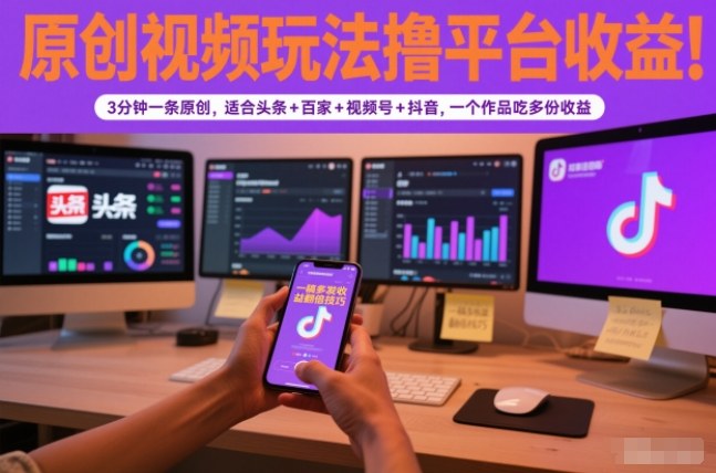 原创视频玩法撸平台收益，3分钟一条原创，适合头条+百家+视频号+抖音，一个作品吃多份收益-网创之家