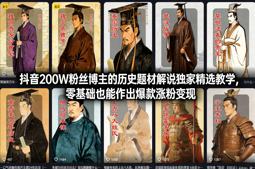 抖音200W粉丝博主的历史题材解说独家精选教学，零基础也能作出爆款涨粉变现-网创之家