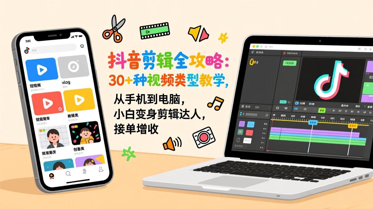 抖音剪辑全攻略：30+种视频类型教学，从手机到电脑，小白变身剪辑达人，接单增收-网创之家