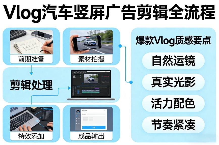 Vlog感觉汽车竖屏广告剪辑脚本全流程，拿捏爆款Vlog质感-网创之家