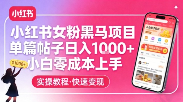 小红书女粉黑马项目，单篇帖子日入1k+，小白零成本上手-网创之家