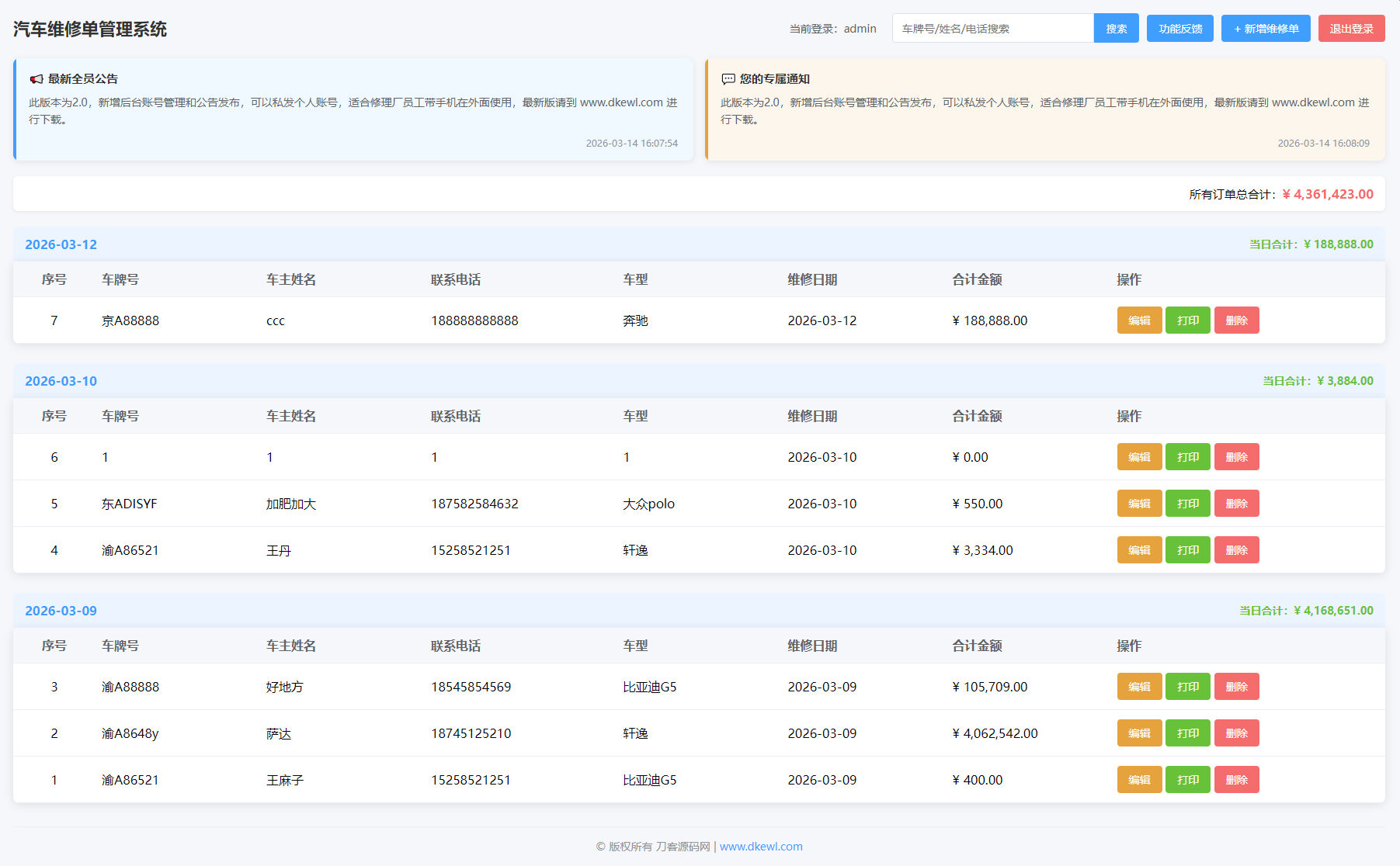 汽修单管理系统源码-网创之家