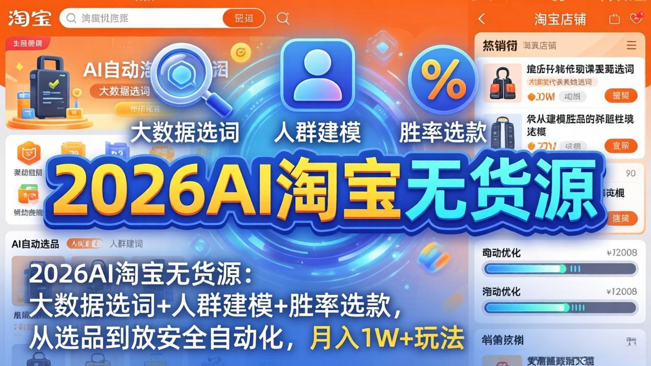 2026AI淘宝无货源：大数据选词+人群建模+胜率选款，从选品到放大全自动化，月入1W+玩法-网创之家