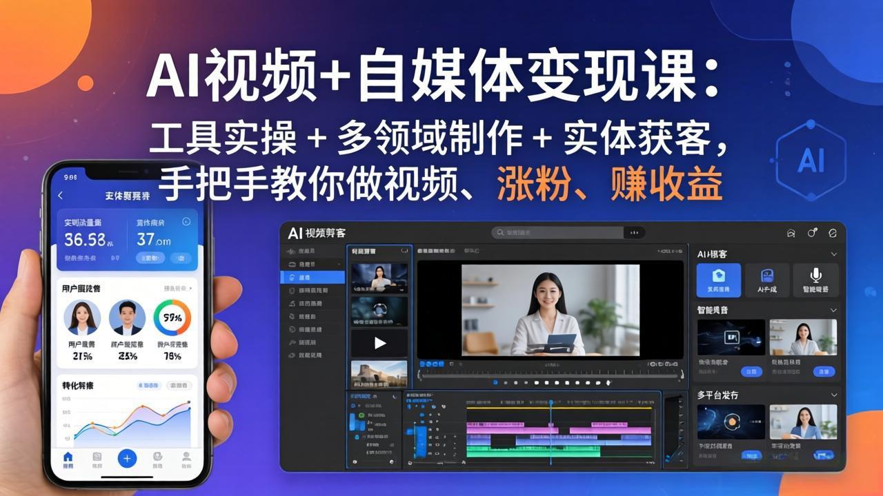 AI视频+自媒体变现课：工具实操 + 多领域制作 + 实体获客，手把手教你做视频、涨粉、赚收益-网创之家