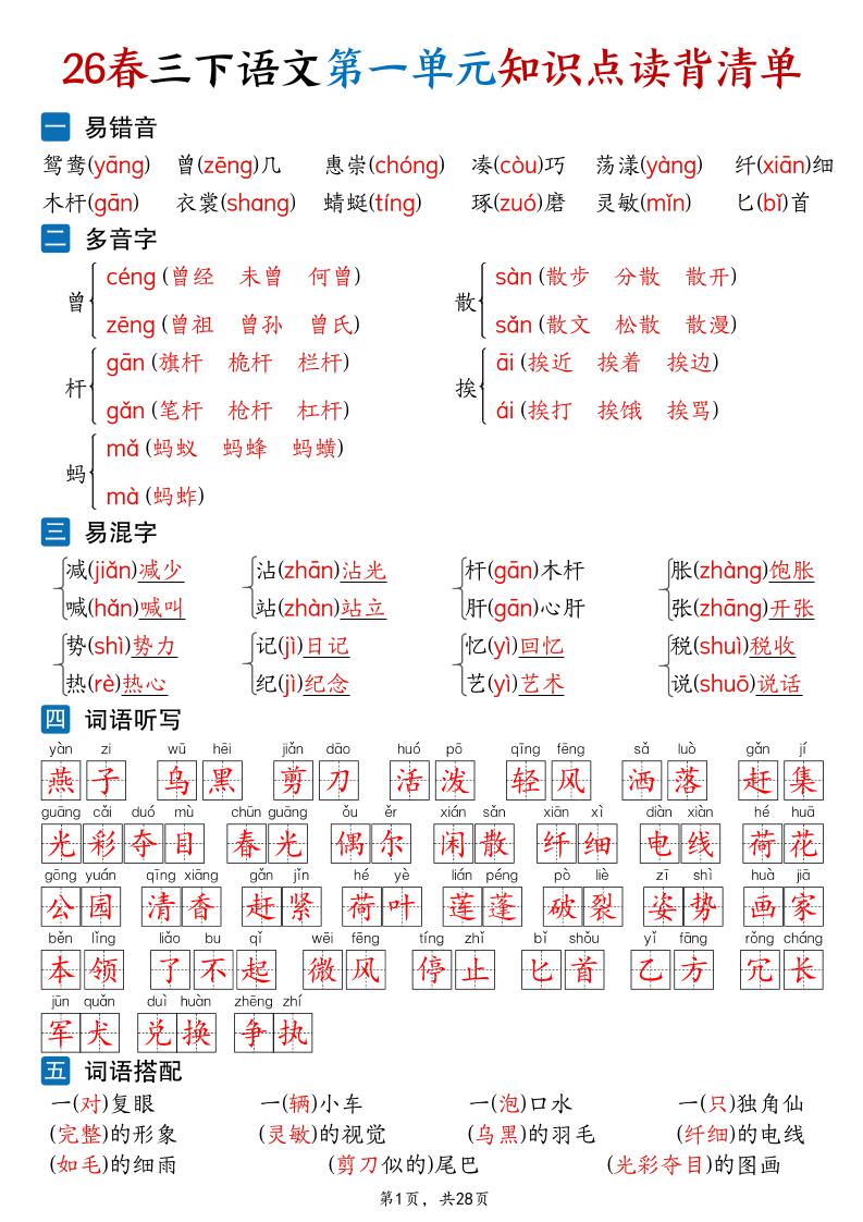 26新三年级下语文1-8单元知识点读背清单（28页）-网创之家