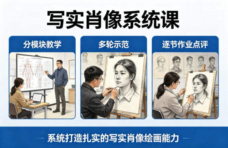 写实肖像系统课，全程分模块教学+多轮示范+逐节作业点评，系统打造扎实的写实肖像绘画能力-网创之家