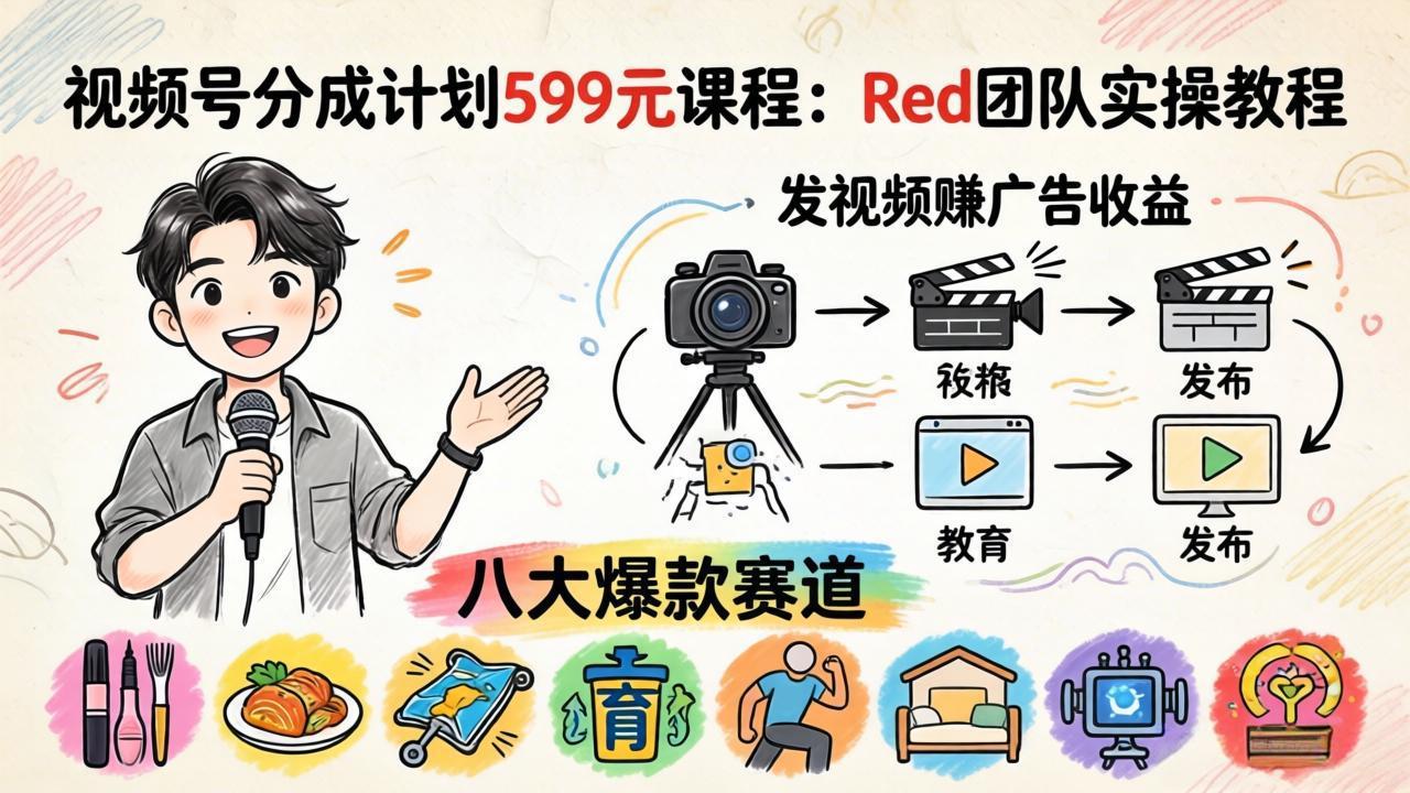 视频号分成计划599元课程：Red团队实操教程，发视频赚广告收益，八大爆款赛道全掌握-网创之家