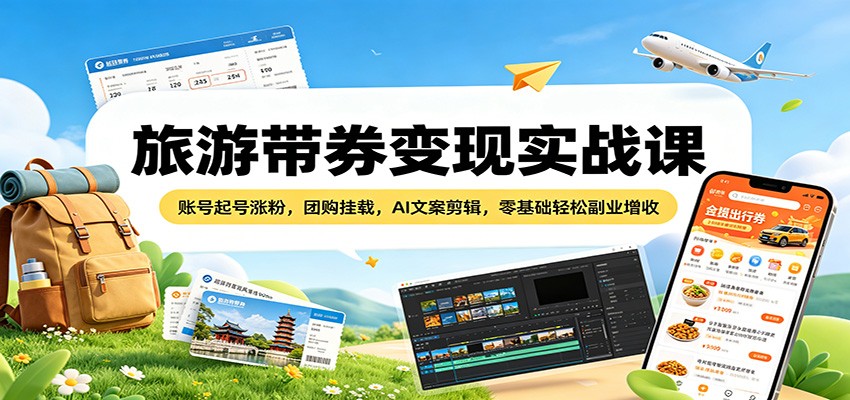 旅游带券变现实战课：账号起号涨粉，团购挂载，AI文案剪辑，零基础轻松副业增收-网创之家
