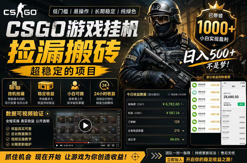 CSGO游戏搬砖，全自动挂G，不需要玩游戏，手机操作日入300+，解放双手【揭秘】-网创之家