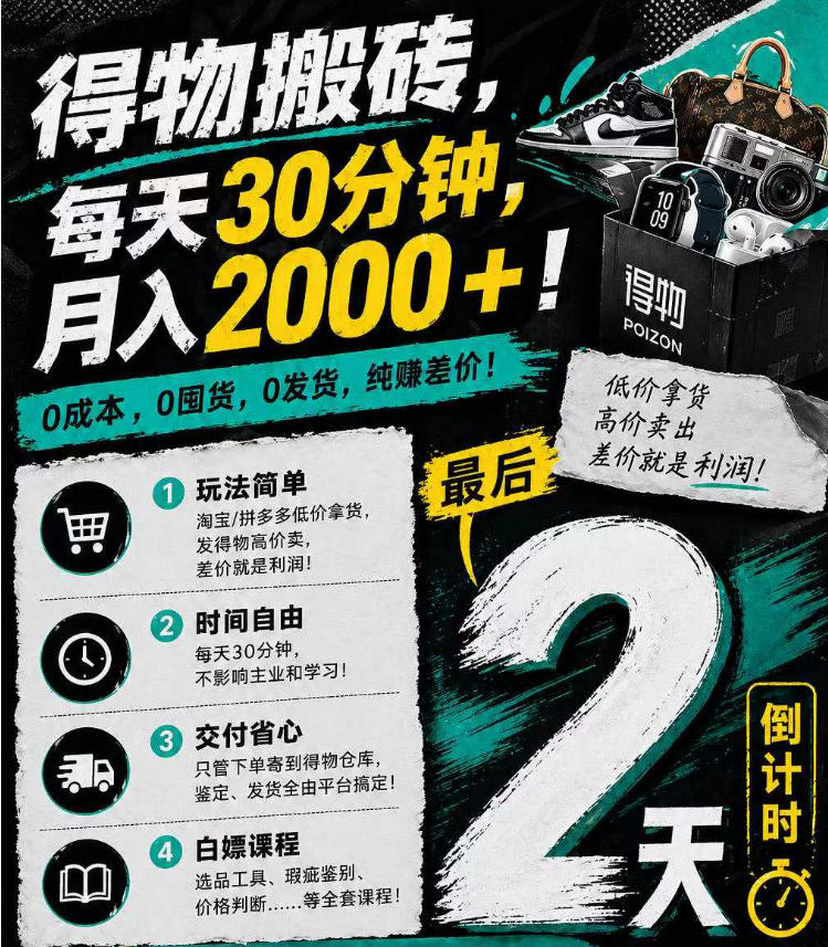 得物搬砖，0成本起步每天30分钟，月入2000+，0成本，0囤货，0发货，纯賺差价-网创之家