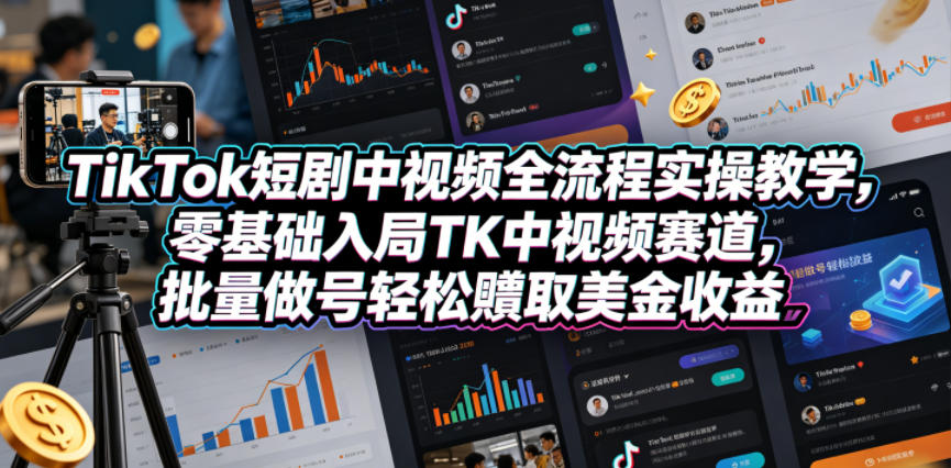 TikTok短剧中视频全流程实操教学，零基础入局TK中视频赛道，批量做号轻松賺取美金收益-网创之家