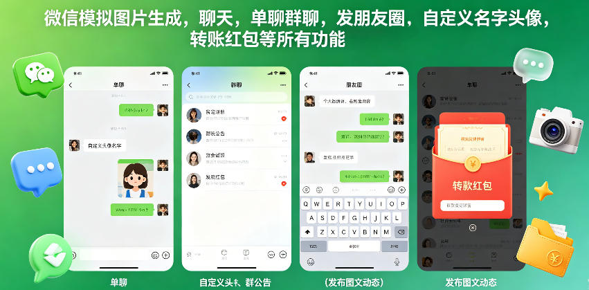 微信模拟图片生成，聊天，单聊群聊，发朋友圈，自定义名字头像，转账红包等所有功能都可以生成-网创之家