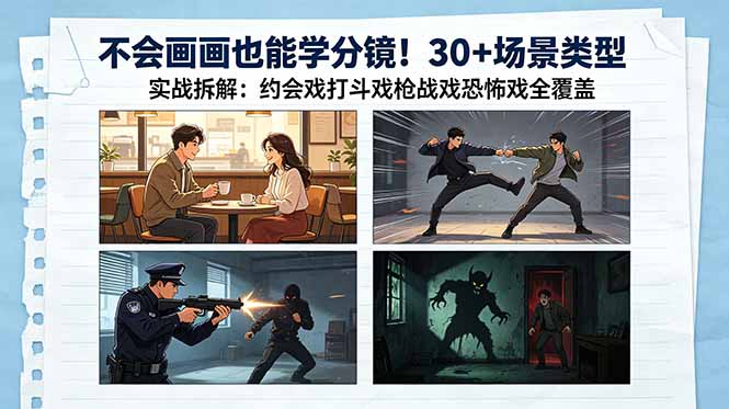 不会画画也能学分镜！30+场景类型实战拆解：约会戏打斗戏枪战戏恐怖戏全覆盖-网创之家