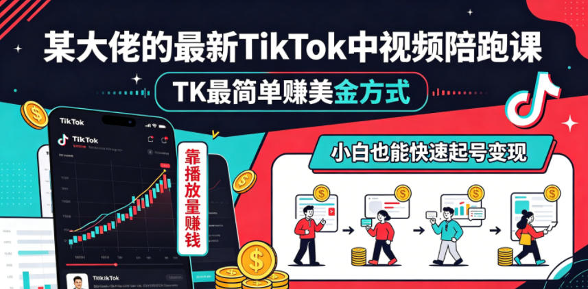 某大佬的最新TikTok中视频陪跑课，TK最简单賺美金方式，靠播放量賺钱，小白也能快速起号变现-网创之家