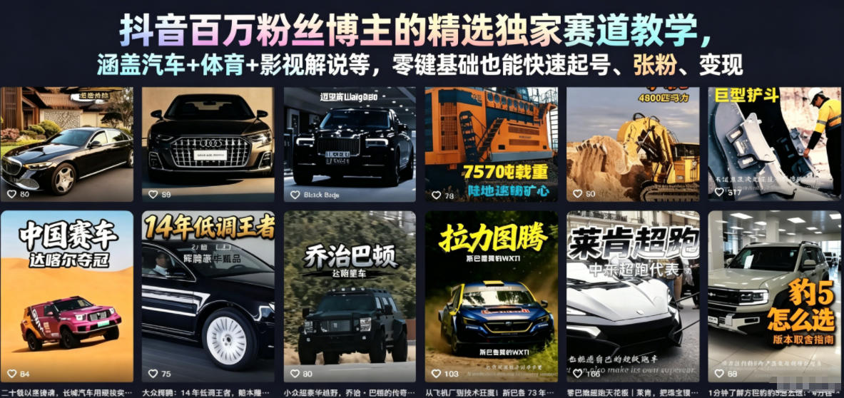 抖音百万粉丝博主的精选独家赛道教学，涵盖汽车+体育+影视解说等，零基础也能快速起号、涨粉、变现-网创之家