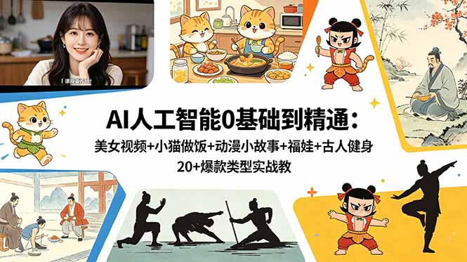 AI人工智能0基础到精通：美女视频+小猫做饭+动漫小故事+福娃+古人健身，20+爆款类型实战教学-网创之家
