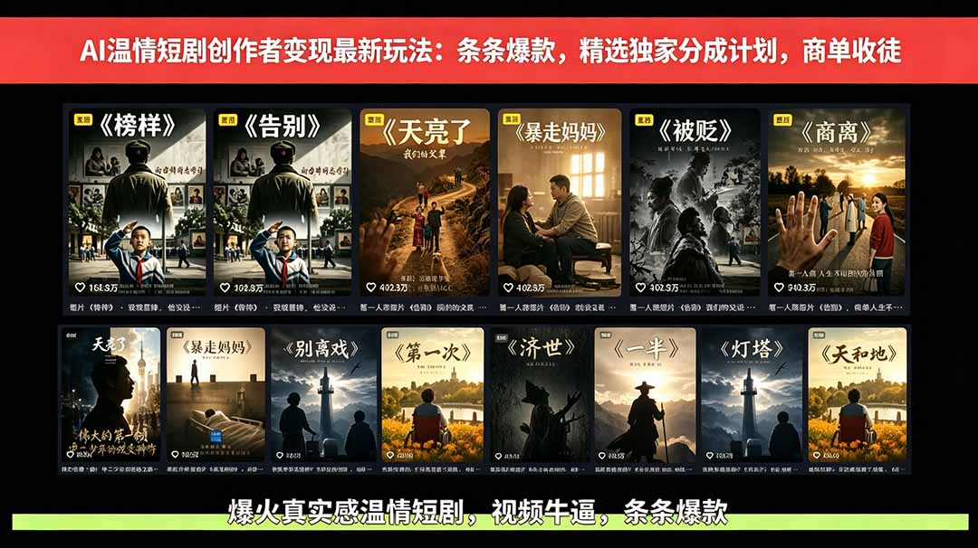 AI温情短剧创作者变现最新玩法：视频牛逼，条条爆款，精选独家分成计划，商单收徒-网创之家