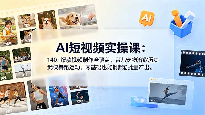 AI短视频实操课：140+爆款视频制作全覆盖，育儿宠物治愈历史武侠舞蹈运动，零基础也能批量产出-网创之家