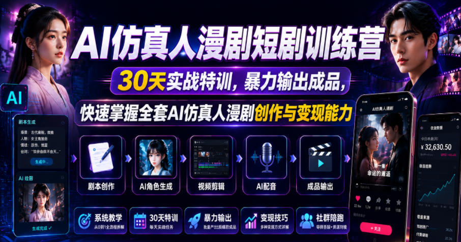 AI仿真人漫剧短剧训练营，30天实战特训，暴力输出成品，快速掌握全套AI仿真人漫剧创作与变现能力-网创之家