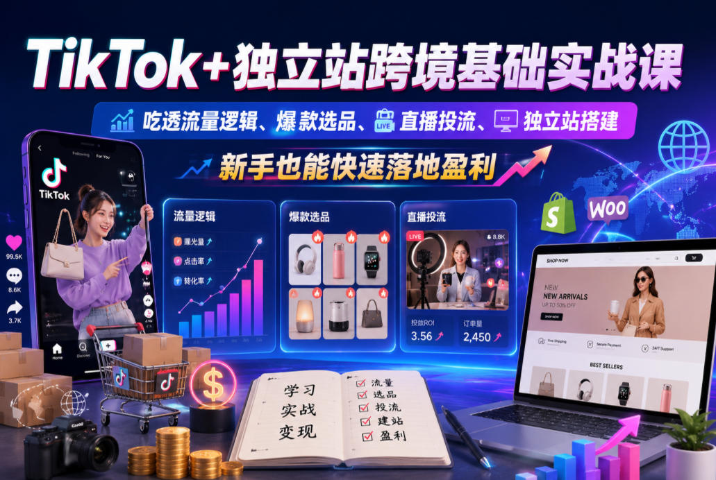 TikTok+独立站跨境基础实战课，吃透流量逻辑、爆款选品、直播投流与独立站搭建，新手也能快速落地盈利-网创之家