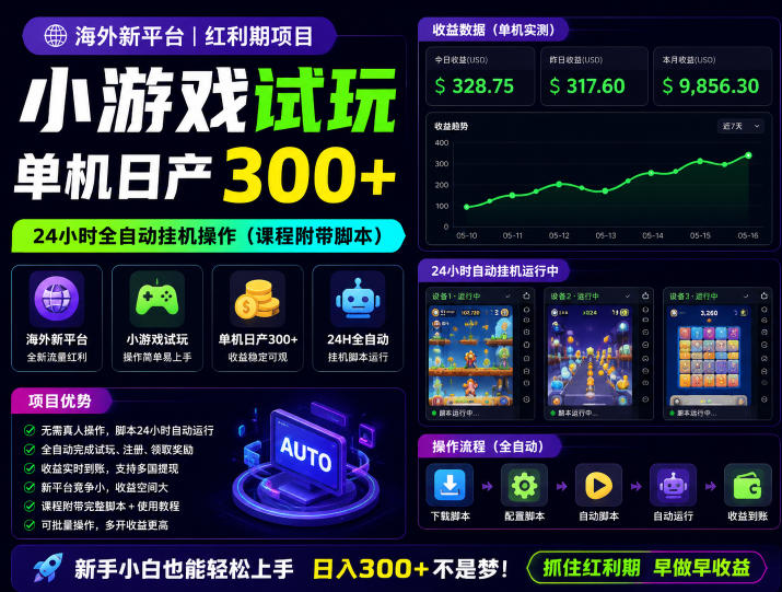 海外新平台，小游戏试玩，单机日产300+，24小时全自动挂G操作(课程附带脚本)【揭秘】-网创之家