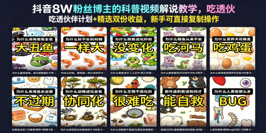 抖音8W粉丝博主的科普视频解说教学，吃透伙伴计划+精选双份收益，新手可直接复制操作-网创之家