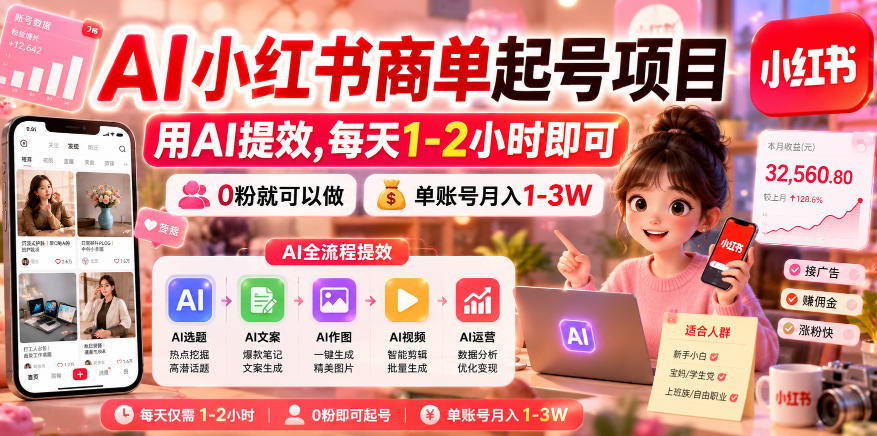 AI小红书商单起号项目，用AI提效,每天1-2小时即可，0粉就可以做，单账号月入1-3W-网创之家
