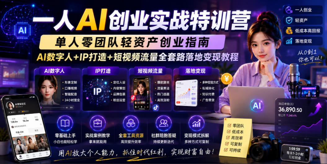 一人AI创业实战特训营，单人零团队轻资产创业指南，AI数字人+IP打造+短视频流量全套路落地变现教程-网创之家