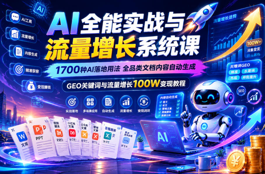 AI全能实战与流量增长系统课，1700种AI落地用法，全品类文档内容自动生成，GEO关键词与流量增长100W变现教程-网创之家