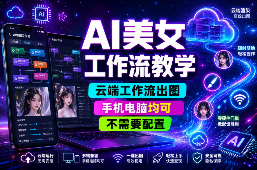 AI美女工作流教学，云端工作流出图，手机电脑均可，不需要配置，快速起号涨粉-网创之家