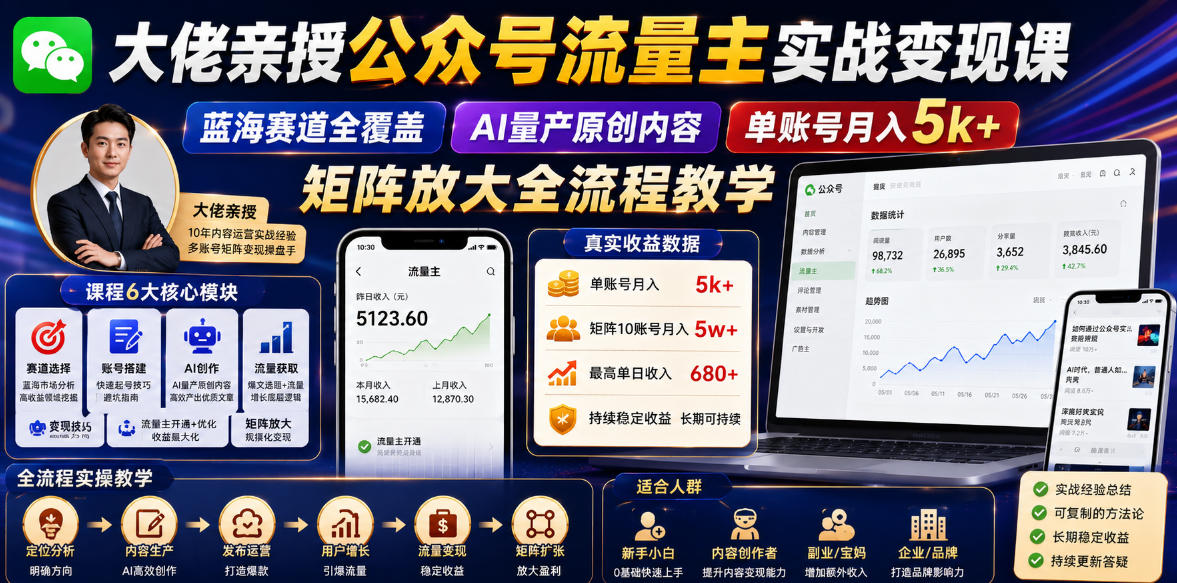 大佬亲授公众号流量主实战变现课，蓝海赛道全覆盖，AI量产原创内容，单账号月入5k+矩阵放大全流程教学-网创之家