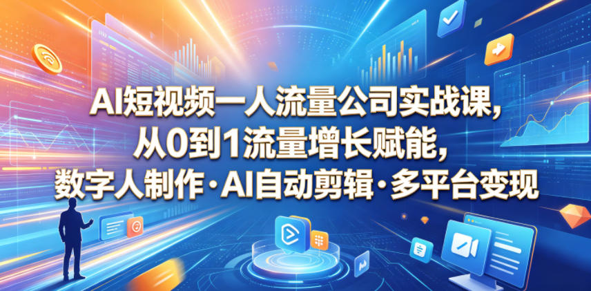 AI短视频一人流量公司实战课，从0到1流量增长赋能，数字人制作・AI自动剪辑・多平台变现，一人做流量生意全落地教程-网创之家