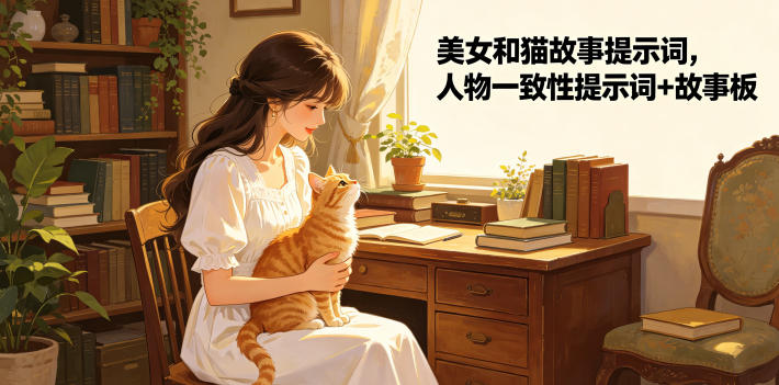 美女和猫故事提示词，人物一致性提示词+故事板-网创之家