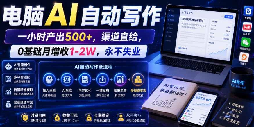 电脑AI自动写作，一小时产出500+，渠道直给，0基础月增收1-2W，永不失业【揭秘】-网创之家