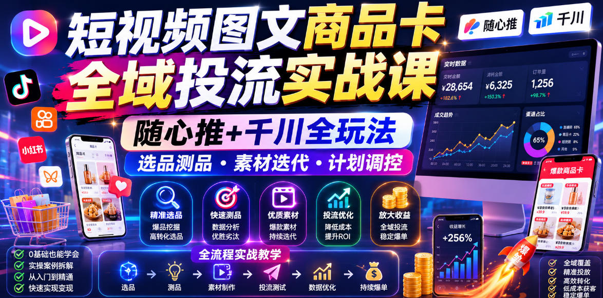 短视频图文商品卡全域投流实战课，随心推+千川全玩法，选品测品・素材迭代・计划调控，提升ROI爆单增收教程-网创之家