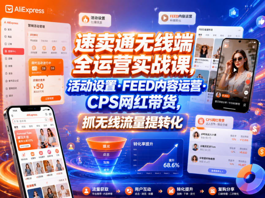 速卖通无线端全运营实战课，活动设置・FEED内容运营・CPS网红带货，抓无线流量提转化-网创之家