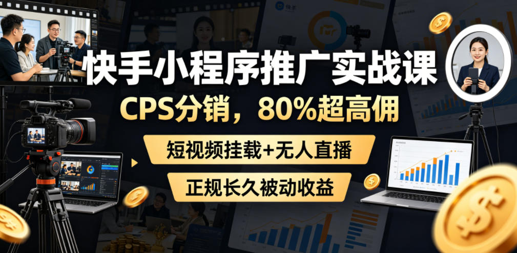 快手小程序推广实战课，CPS分销，80%超高佣，短视频挂载+无人直播，正规长久被动收益-网创之家