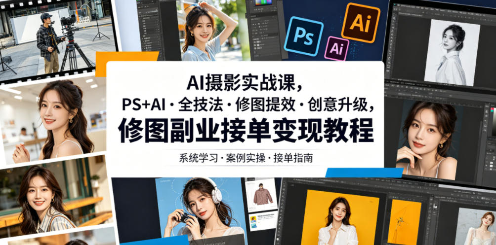 AI摄影实战课，PS+AI・全技法・修图提效・创意升级，修图副业接单变现教程-网创之家