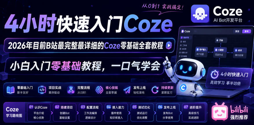 4小时快速入门Coze！2026年目前B站最完整最详细的Coze零基础全套教程，小白入门零基础教程，一口气学会！-网创之家