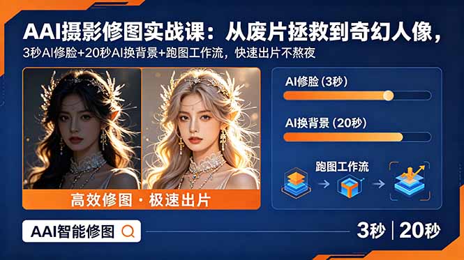 AI摄影修图实战课：从废片拯救 到 奇幻人像，3秒AI修脸+20秒AI换背景+跑图工作流，快速出片不熬夜-网创之家