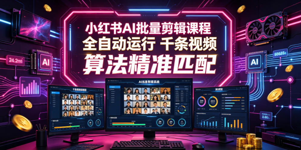 小红书AI批量剪辑课程，24小时全自动运行，解放双手专注运营，千条视频批量处理，小红书算法精准匹配-网创之家