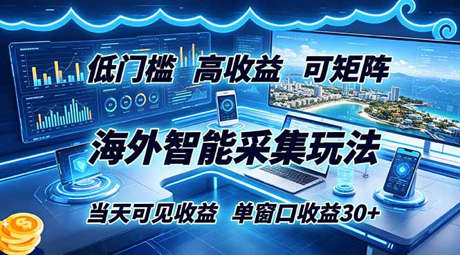 海外智能采集玩法，低门槛高单价可矩阵，当天可见收益，单窗口30+-网创之家