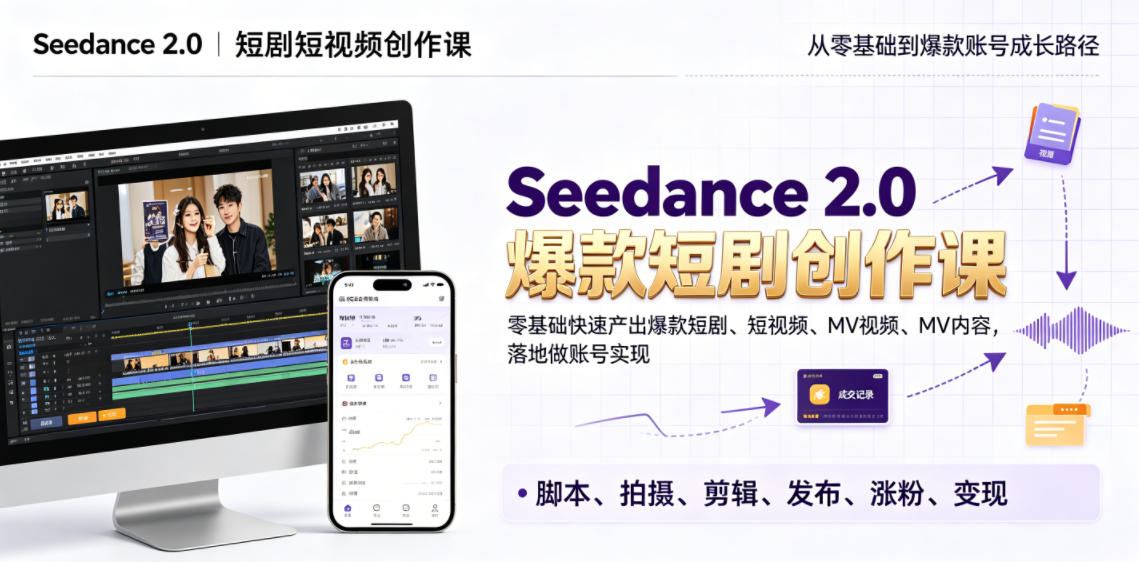 Seedance 2.0短剧短视频创作课，零基础快速产出爆款短剧、短视频、MV内容，落地做账号实现变现-网创之家