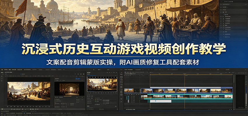 沉浸式历史互动游戏视频创作教学：文案配音剪辑蒙版实操，附AI画质修复工具配套素材-网创之家