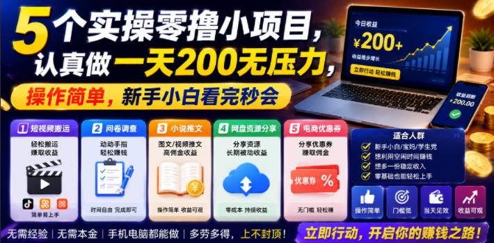 5个实操零撸小项目，认真做一天200无压力，操作简单，新手小白看完秒会【揭秘】-网创之家
