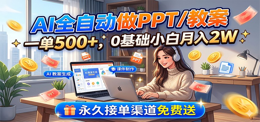 AI全自动做PPT/教案，一单500+，0基础小白月入2W，永久接单渠道免费送-网创之家