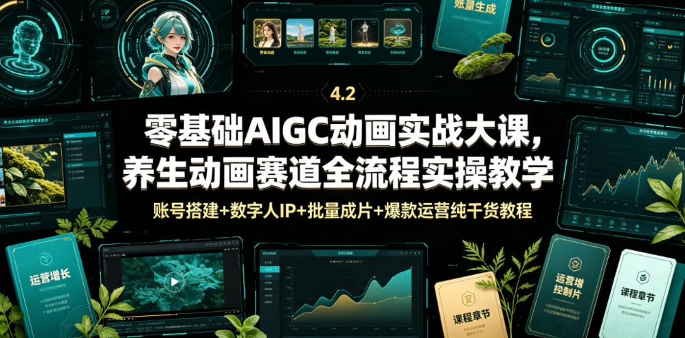 零基础AIGC动画实战大课，养生动画赛道全流程实操教学，账号搭建+数字人IP+批量成片+爆款运营纯干货教程-网创之家