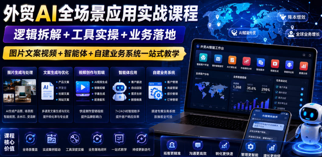 外贸AI全场景应用实战课程｜逻辑拆解+工具实操+业务落地，图片文案视频+智能体+自建业务系统一站式教学-网创之家